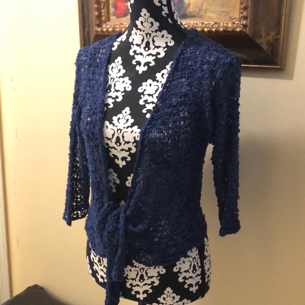 💙 Lovely Blue Cropped Crochet 3/4 sleeve open tie at bottom cardigan sweater